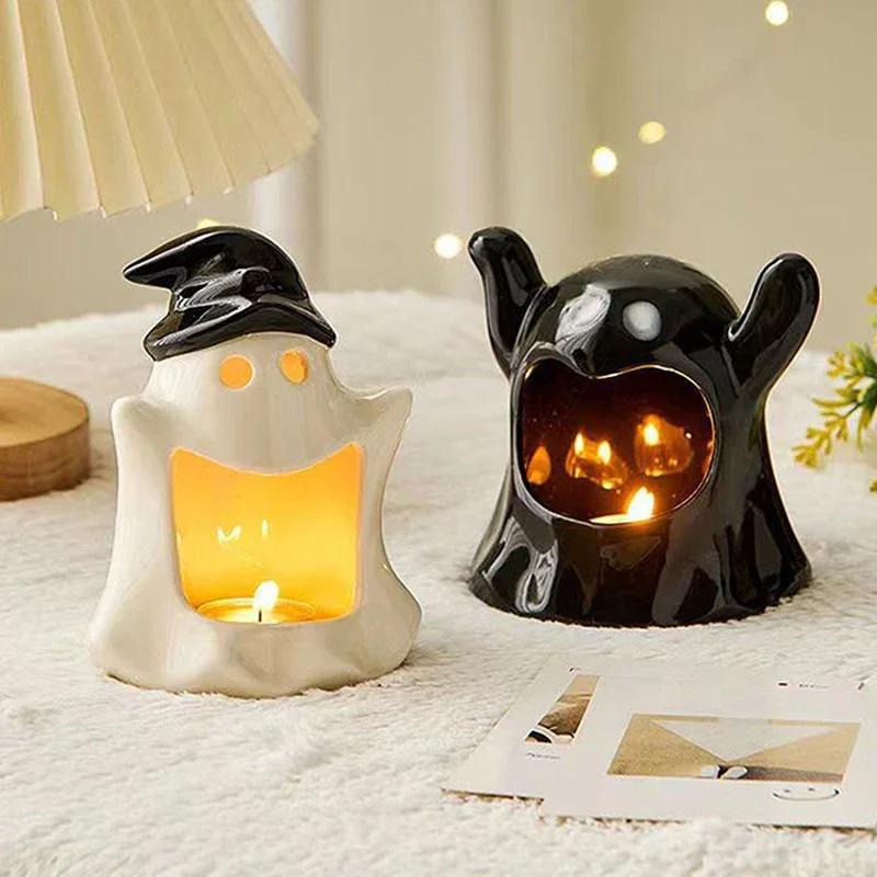 Cute Ghosts Candle Holder Ceramic Ashtray Candlestick Ornaments Hand-made Candle Holder Halloween Festival Seasonal Decoration