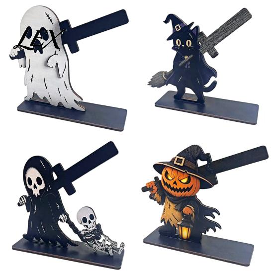 Halloween Party Supplies Wooden Napkin Holder, Ghost Pumpkin Skeleton Cat Bat Tissue Dispenser, Waterproof Solid Wood Base Tabletop Organizer