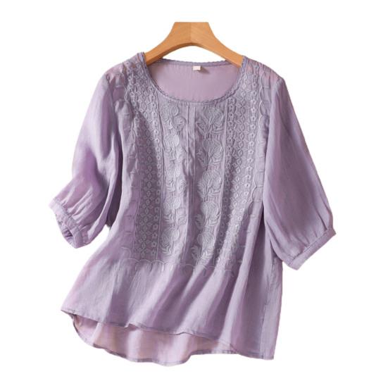 Женский летний топ с цветочной вышивкой, винтажная летняя блузка с круглым вырезом и половиной рукавов, тонкая Свободная летняя блузка в этническом стиле для свиданий, женская одежда