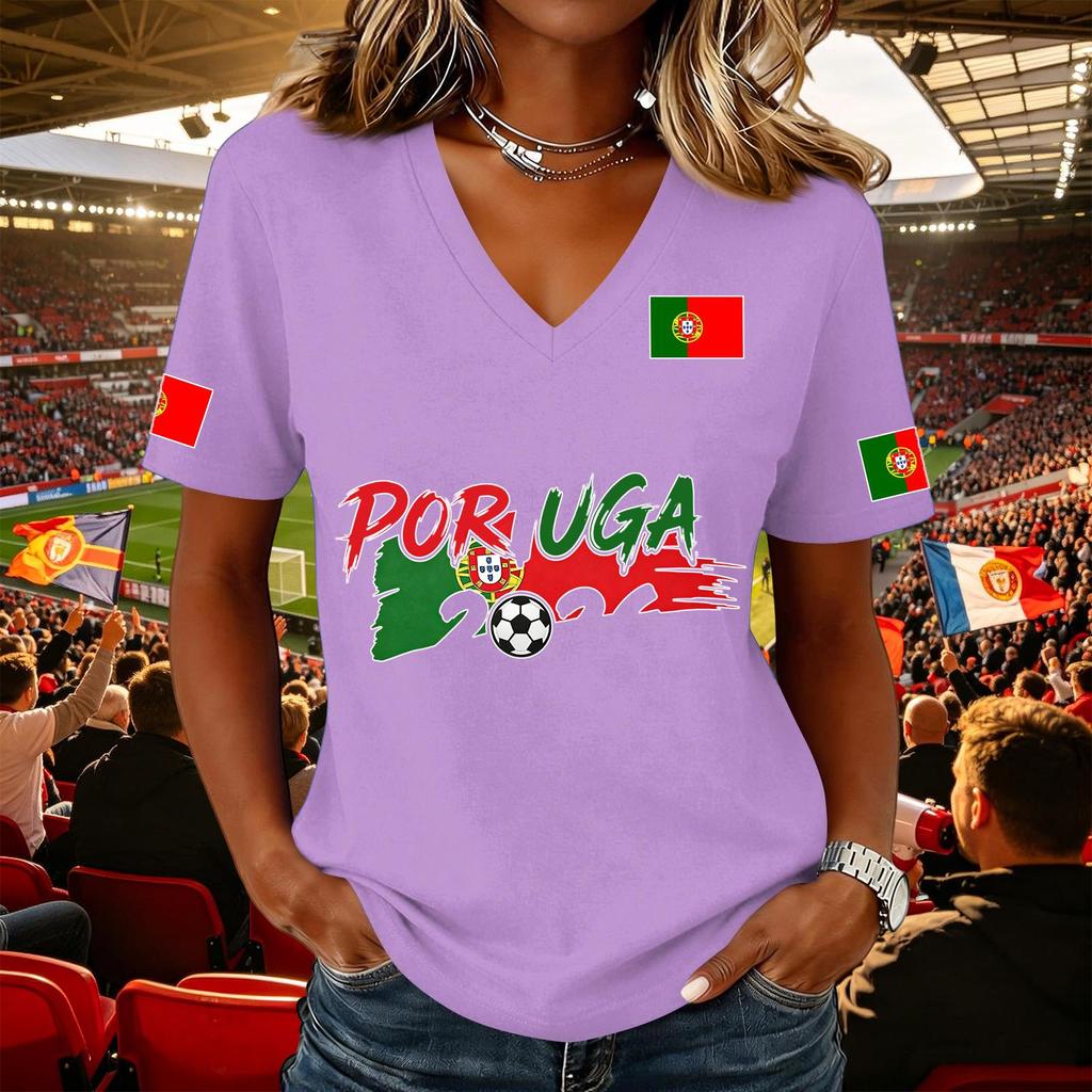 Women V Neck Pullover T Shirt Short Sleeve Casual Soccer Flag Print Top Supporter Jersey Tee for Game Day Wear