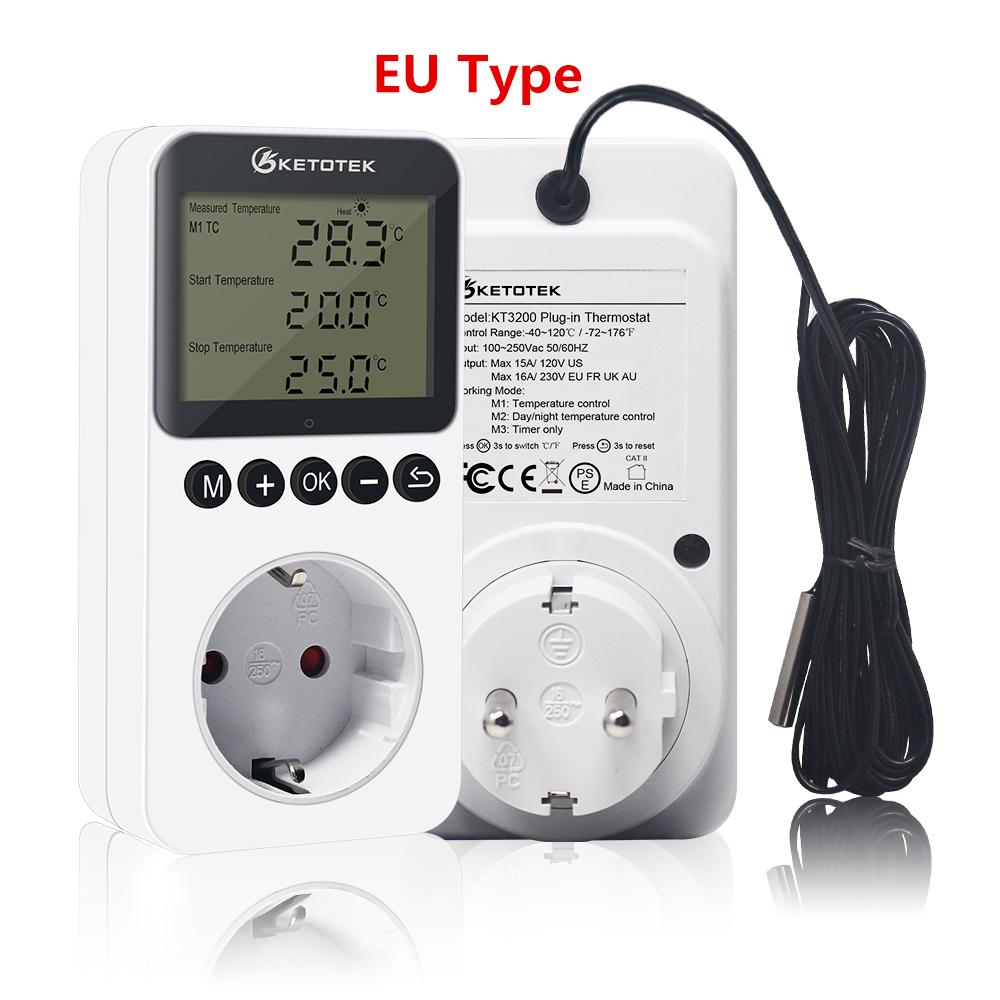 Ketotek Цифровой термостат день/ночь, регулятор температуры, розетка 230 В, 16A, розетка термостата, отопление, охлаждение, вилка европейского/британского/американского/австралийского/французского стандарта