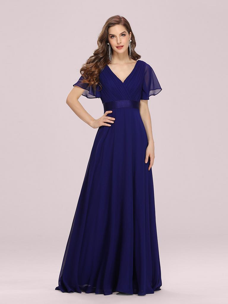 Ever-Pretty Women's Double V-Neck Empire Waist Floor Length Chiffon Evening Dresses with Short Flutter Sleeves