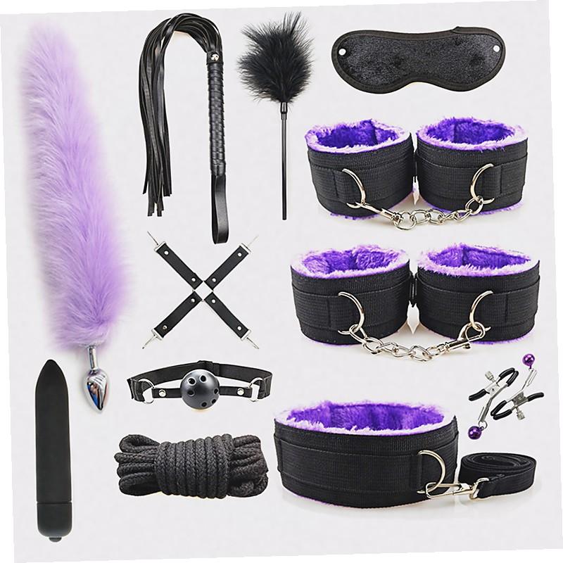 Leather BDSM Bondage Bundle Set Blindfold Handcuffs Whip Nipple Clip Butt Plug Adult Sex Toys For Women Couples Games