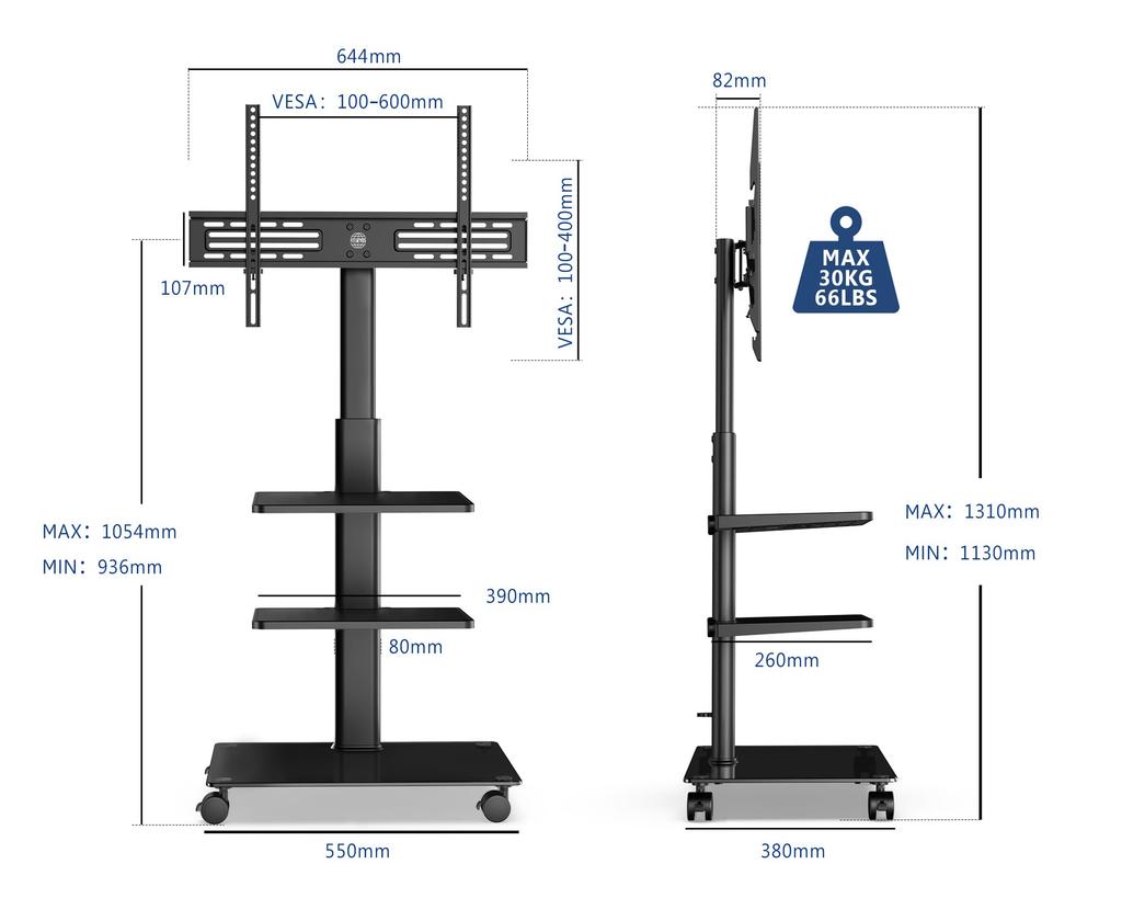 FITUEYES TV Compatible with with 3 Adjustable Height Black TT306002GB Stand, 32-60 Inches, Casters, Tiers, Angle, Mobile,