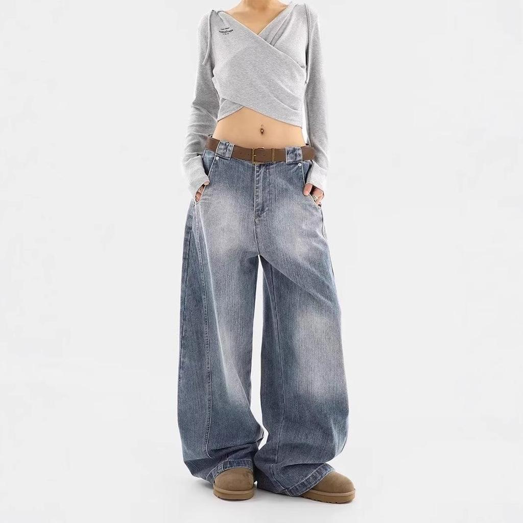 Retro Washed Distressed Loose Fit Jeans - Women's Autumn/Winter Curved Straight Leg Wide Pants