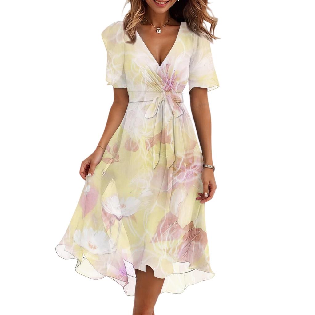 Женские модные повседневные платья с V-образным вырезом, короткими рукавами и оборками, винтажным принтом