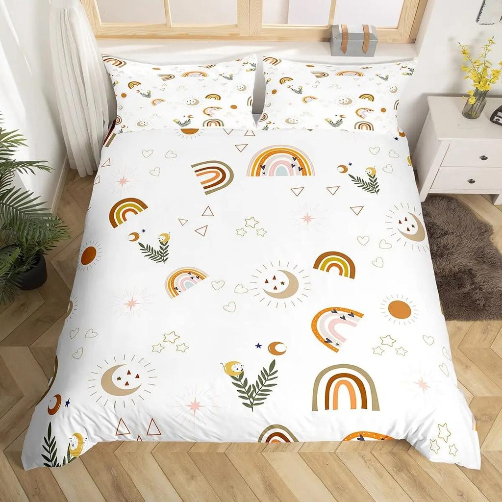 Red Valentine'S Day Rainbow Duvet Cover Twin Size,Cartoon Love Heart Bedding Set For Girls Women Moon Leaves Comforter Cover