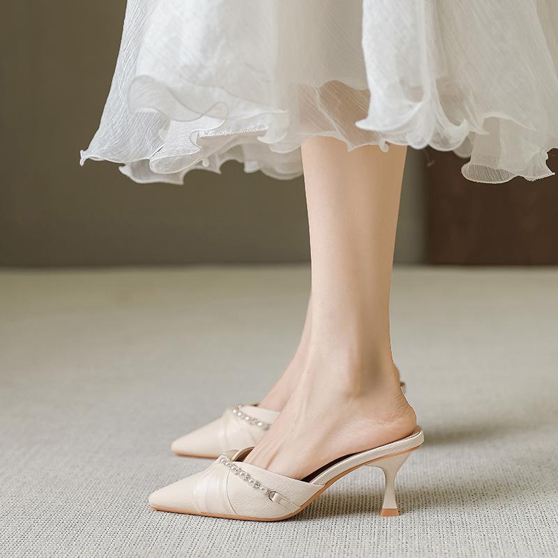 Fashion Women's Vulcanized Shoes Pointed Toe Mid Heel Rhinestone Sandals Slip On Slingback Pumps New Hot Trendy Versatile