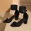 Fashion 2025Flock Material Black Color Open Toe Buckle Strap Design Square Chunky Heels Sandals Women Fashion Round Head Sandals Size