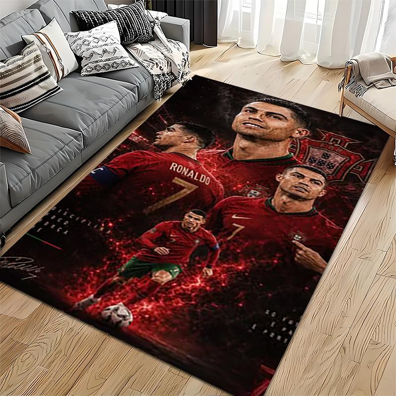 Sports Area Rug, Cristiano Ronaldo Portugal 7 Red Glow Poster, Fan Cave Decor, Non-Slip Mat