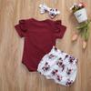 Newborn Girls Short Pants Outfits, Ruffles Heart Romper + Flowers Printed Shorts + Bowknot Headband Sets