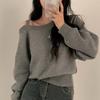 2024 Autumn Vintage Gray Knitted Tops Women Skew Collar Off Shoulder Pullovers Long Sleeve Loose Sweaters