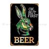 Saint Patricks Day Easter Rabbit But First Beer Funny Bunny Metal Plaque Poster Designing Cave Design Party Club Tin Sign Poster
