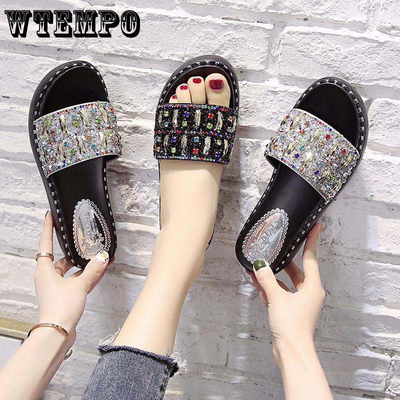 6cm High-heeled Rhinestone Slippers Women Summer Wear All-match Rivets Thick-soled One-word Drag High-heeled Shoes Crystal Sequins