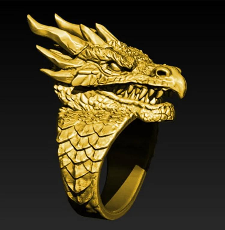 Cool Men Golden Dragon Rings Silver Color Fashion Red AAA Zircon Hip Hop Motorcycle Punk Party Jewelry Gift Size 6-13 Wholesale