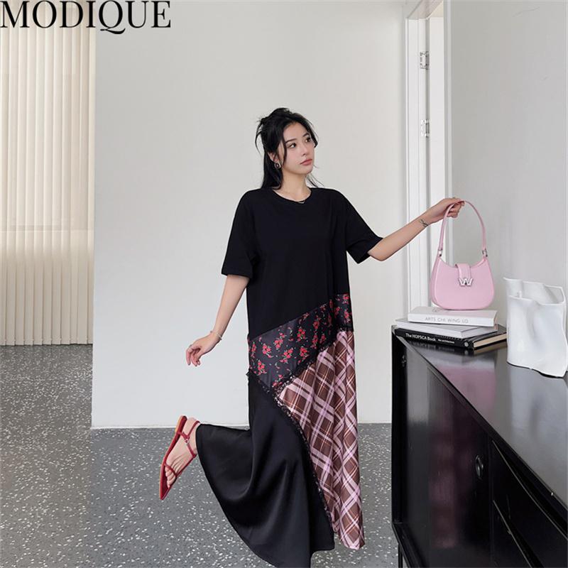 MODIQUE Summer Plus Size New Women Loose Patchwork A-Line Lace Printing Plaid Long Dresses Elegant Lady Casual Cotton O-Neck Short Sleeve Skirt