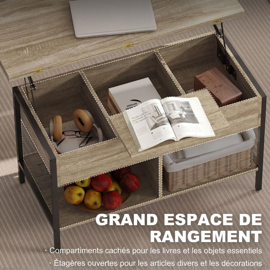 Liftable and extendable coffee table, living room table with hidden compartment, open shelves, 98x49x55cm, natural wood