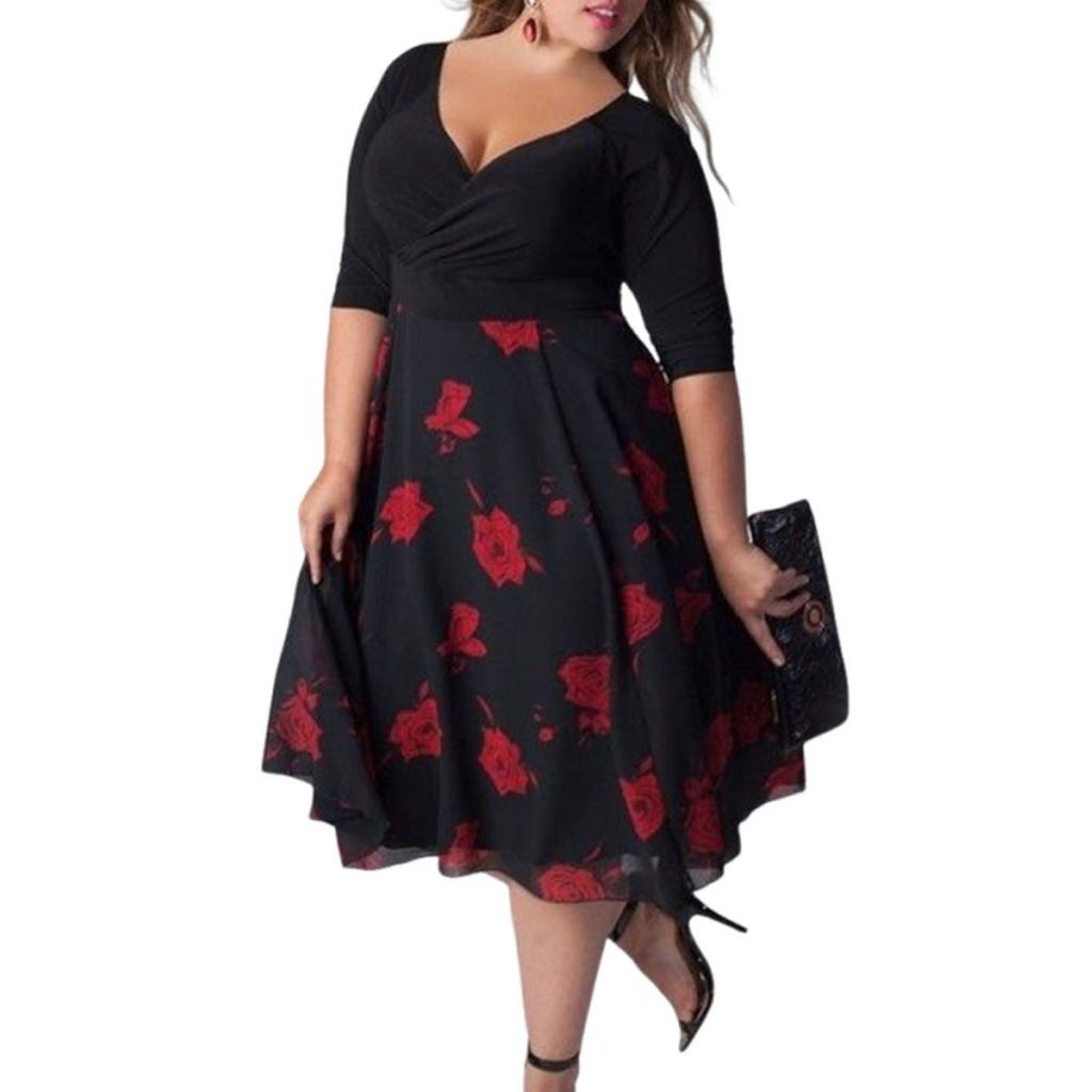 Yousheng Plus Size Dress Deep V Neck A-line Double-layered Hem Mid Sleeves Flower Printing Midi Dress Prom Party Evening Dress