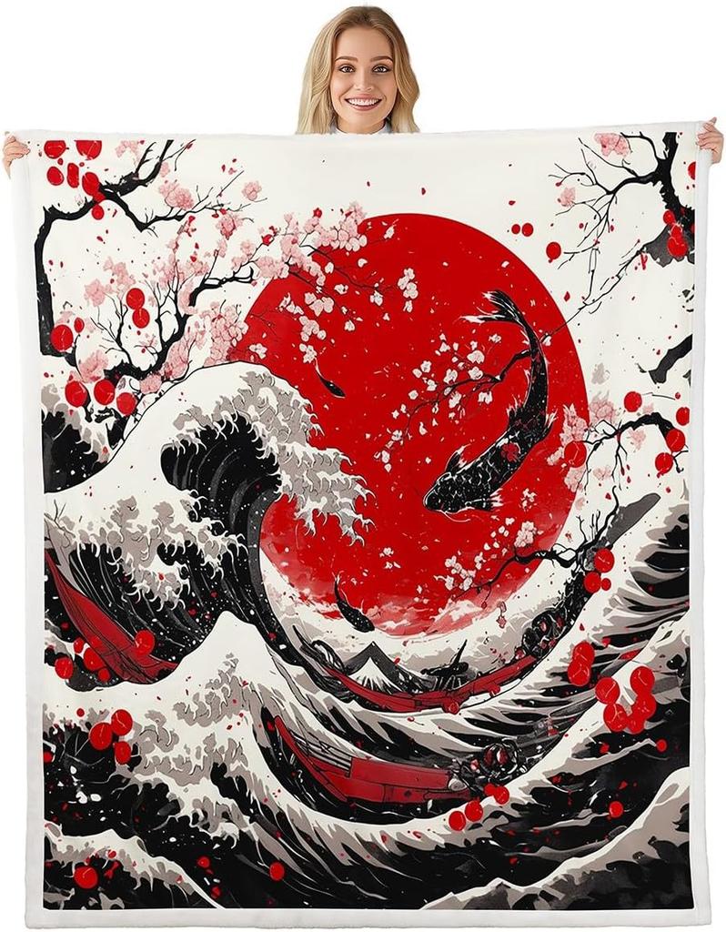 GUOYU Blanket Japanese Style Fleece Bed Blanket Twin Japanese Samurai Throw Blanket for Kids Boys Men Ink Painting Dragon Sherpa Blanket