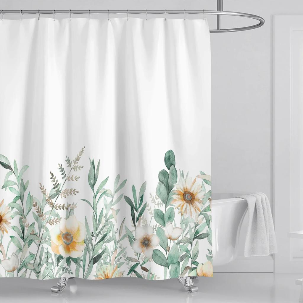 Watercolor Leaves Top Plants and Flowers Bathroom Decor Shower Curtain with Hooks Waterproof Suitable for Bathroom Decoration
