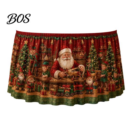 Seasonal Table Skirt Christmas Skirt, Santa Claus Elk Prints, Elastic Edge, Dining Decor, Festive Home Decor Elf Xmas Tree for Holiday Party