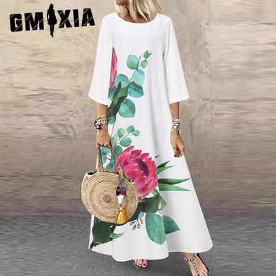 Длинные платья с рукавом миди и круглым вырезом Повседневные длинные платья с принтом больших размеров