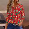 Women's Fashionable Casual Christmas Printed V-neck Three-quarter Sleeve Decorated Button Top