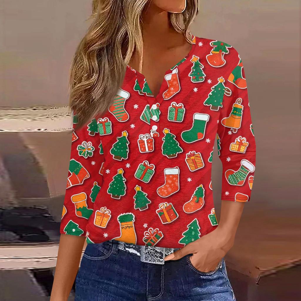 Women's Fashionable Casual Christmas Printed V-neck Three-quarter Sleeve Decorated Button Top