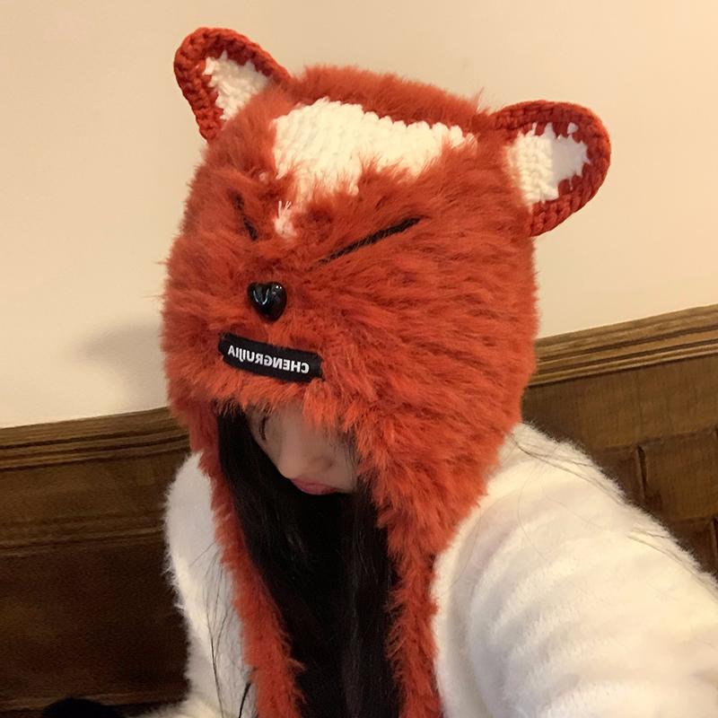 Cute Handmade Knitted Ear Warm Hat Women's Autumn Winter Warm Versatile Plush Leifeng Cap round Top No Brim Fashion Acces...