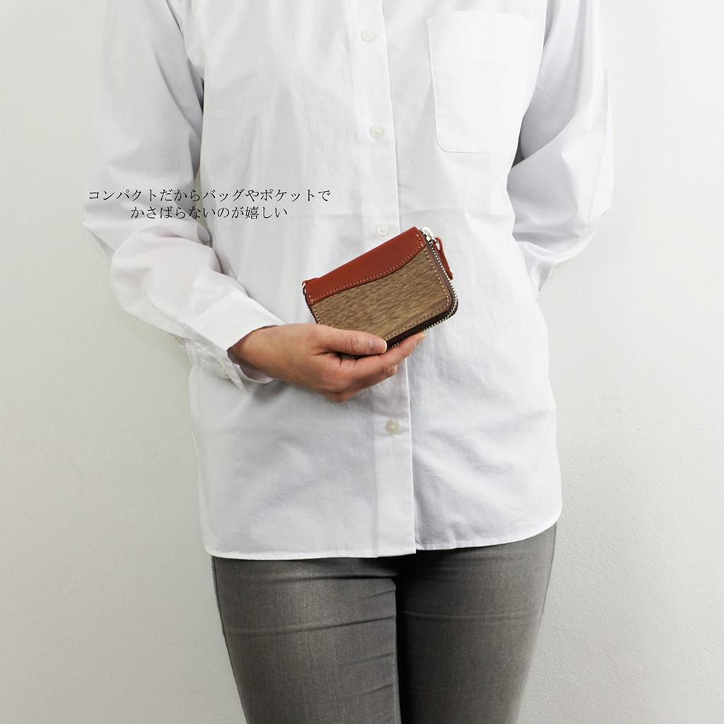 Round Mini Wallet Small Large Capacity Coin Case Genuine Leather Natural Wood Wood Leather Made In Japan Mustard