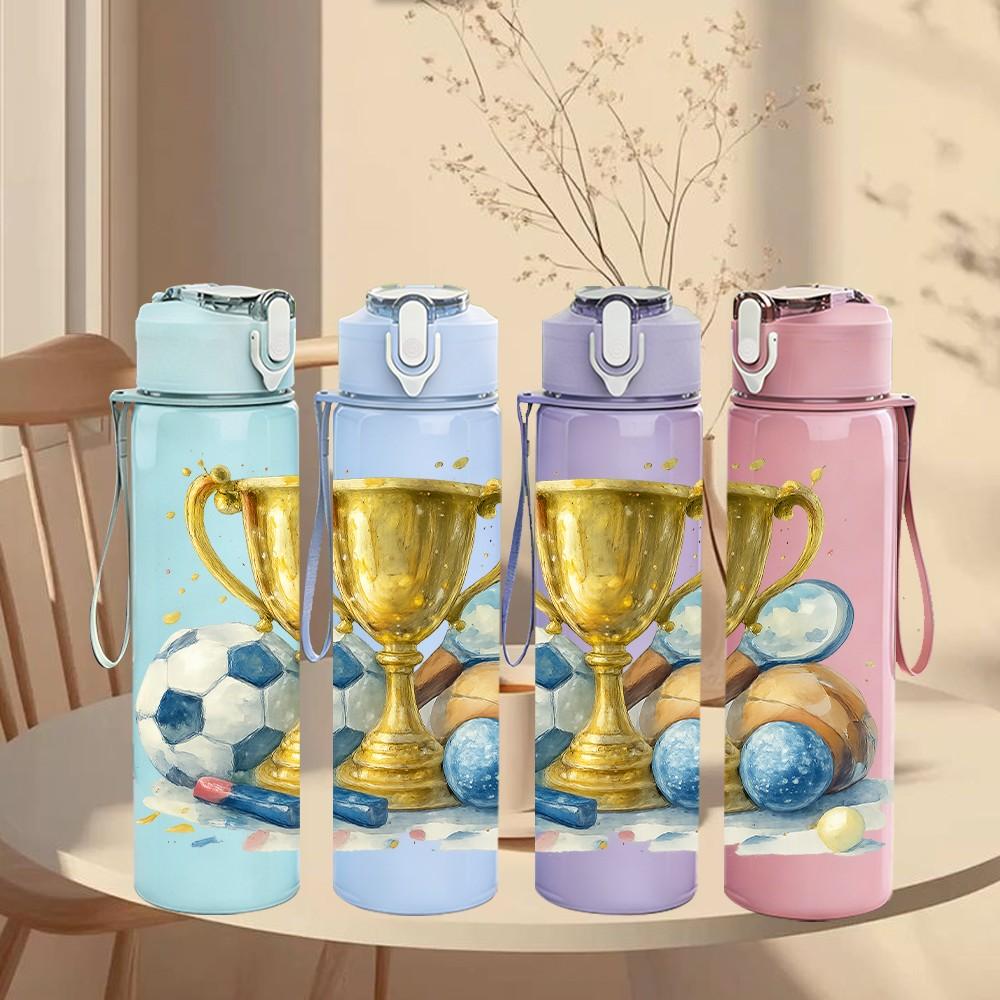 1PC Champion Trophy Soccer Print 750ml Color Plastic Sports Water Bottle Leakproof Flip Straw Lid Suitable for Sports Office Home Use