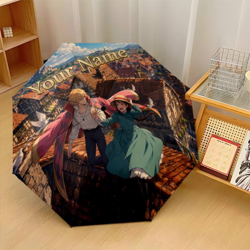 Custom Text Automatic 8 Bone Umbrella, Portable Sun Rain Protection UmbrellaHowl's Moving Castle