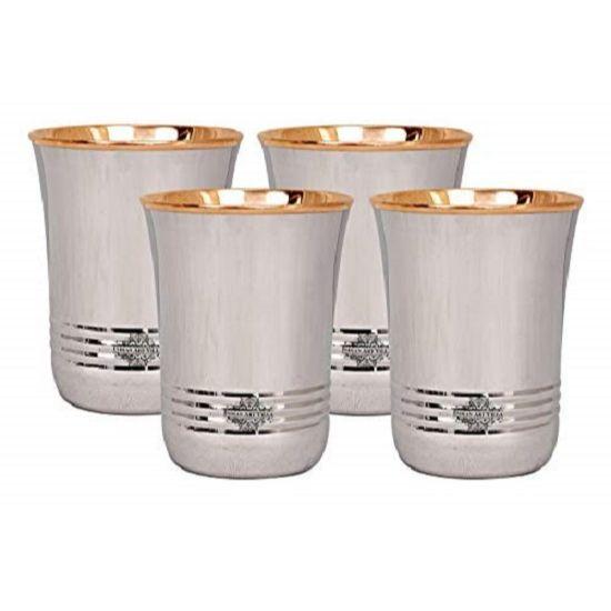 Steel Copper Glass Tumbler Set (Silver and Brown, 250 Ml Each) - 4 Pieces