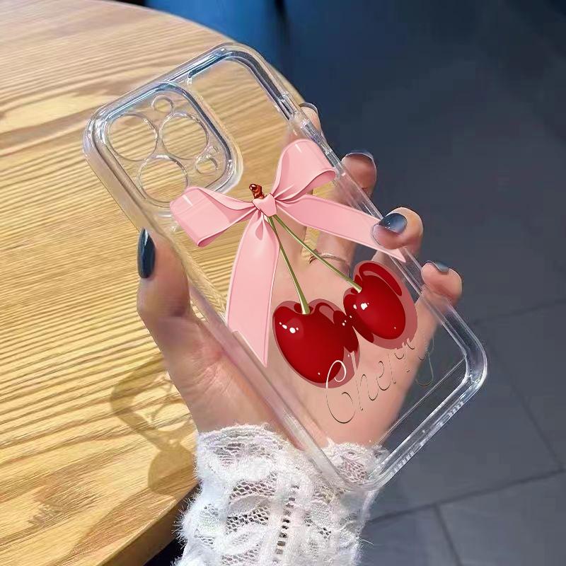 Милый чехол для телефона с вишней и бантом для iPhone 17 Air 16 15 14 13 12 11 Pro Max Plus Mini X 8 7 Прозрачный чехол Fundas Аксессуар