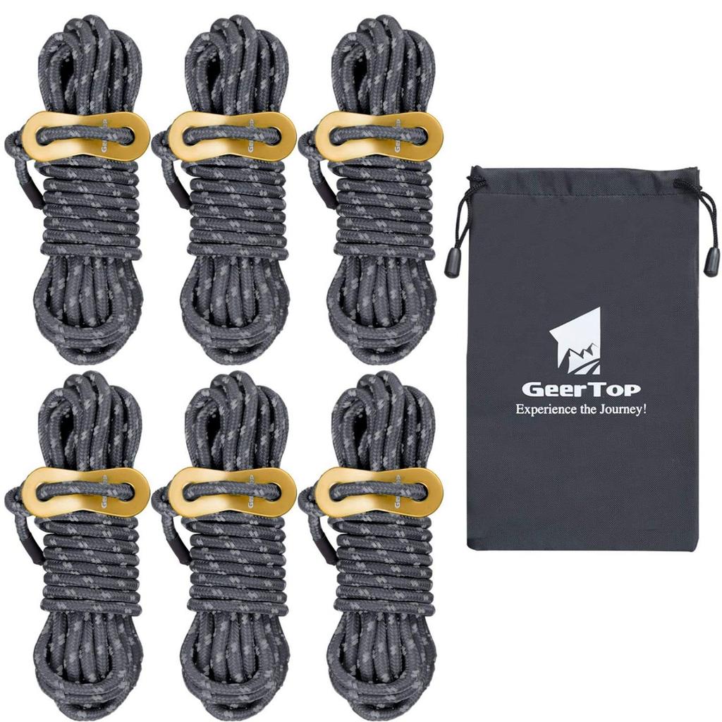 GEERTOP Guy Rope, Paracord, Tarp Rope, Tent Rope, Guy Line, Guyline, 4mm, 6 Pieces, Reflective Material, Aluminum, with Flexible Hardware, Storage