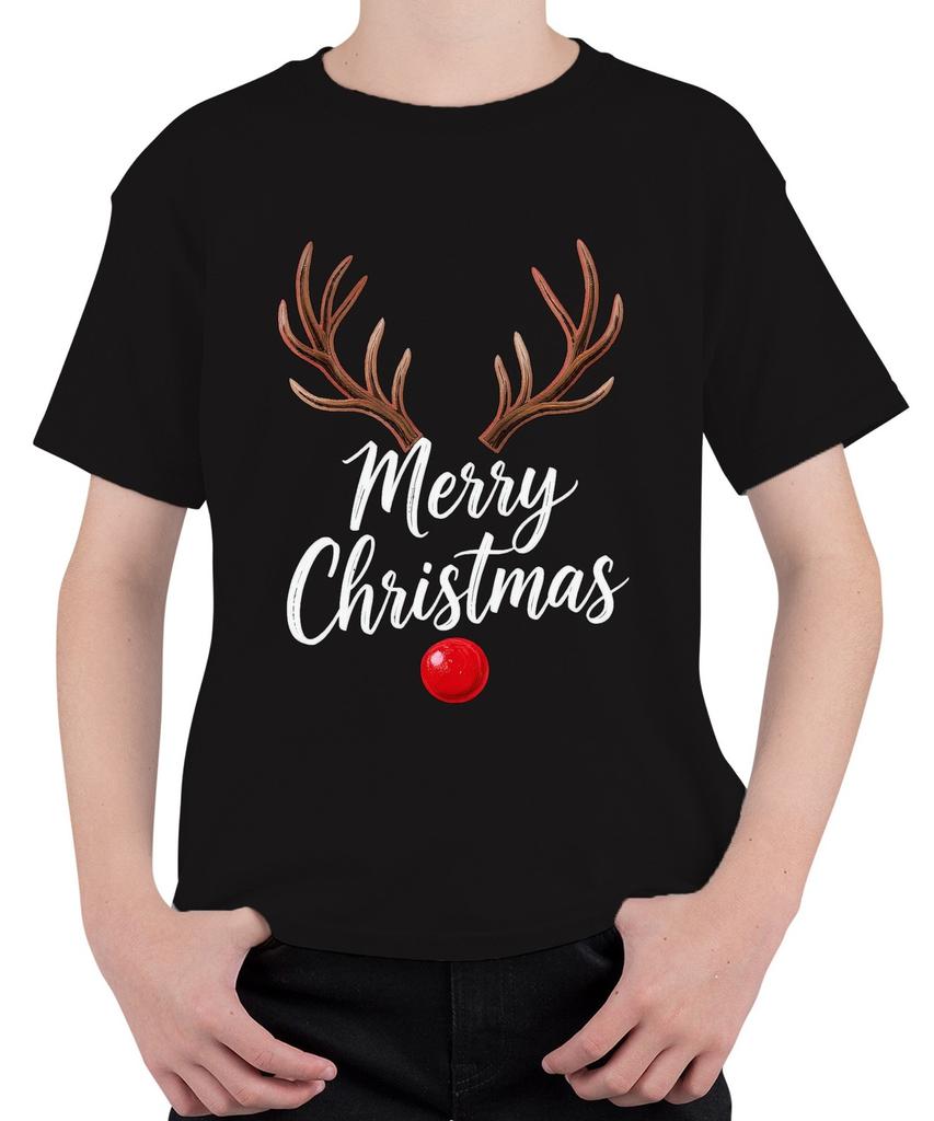Merry Christmas Reindeer Rudolph Antlers Red Nose Xmas Unisex Kids T-Shi