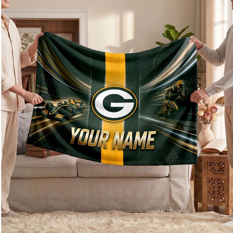Green Bay Packers Flannel Blanket, Custom Name Text Personalized Soft Throw Blanket Home Decor Gift
