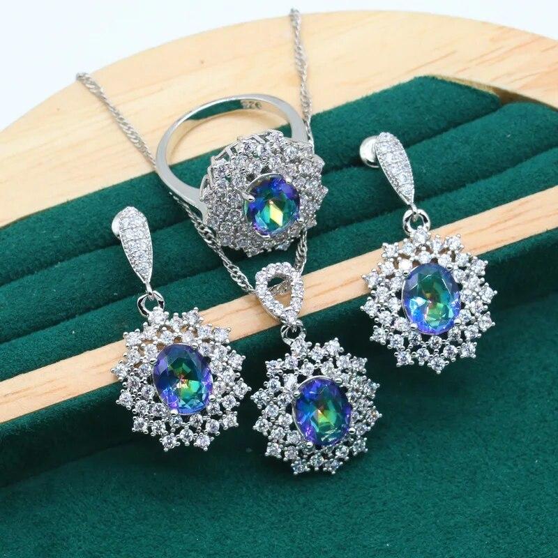 Отличительные комплекты ювелирных изделий из серебра 925 пробы для женщин, свадебный браслет с радужным синим цирконием, серьги, ожерелье, кулон, кольцо, подарок на свидание