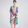 Pleated High-end Dress for Women Summer Loose and Colorful O Neck Three Quarter Sleeve Temperament Mid Length Dress Female Tops