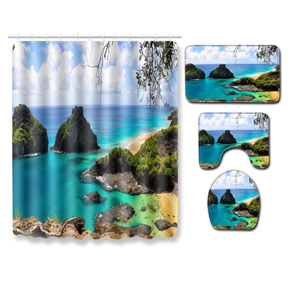 Landscape Shower Curtain Floor Mat Combination Four-Piece Set Bathroom Floor Mat Household Door Mat Bedroom Living Room Carpet