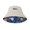Korean Letters Embroidery Bucket Hat For Women Men Summer Coconut Trees Print Double-Sided Fisherman Cap Wide Brim Sunshade Hats