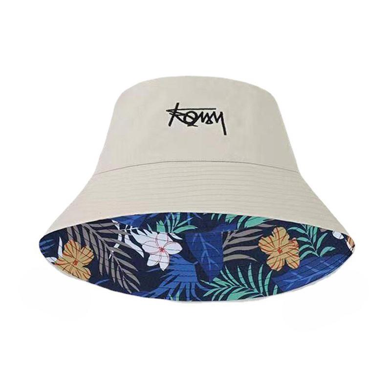 Korean Letters Embroidery Bucket Hat For Women Men Summer Coconut Trees Print Double-Sided Fisherman Cap Wide Brim Sunshade Hats