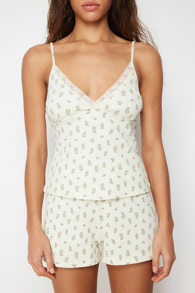 Women's Fashion New Pajama Set Premium Ecru Floral Lace Detailed Rope Strap Corded Knitted Pajama Set