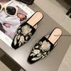 Fashion Velvet Embroidery Flower Mules Woman Elegant Shoes Pointed Closed Toe Slippers Slip On Flats Slides Femmes Pantuflas Sandalias