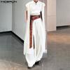 Men Sleeveless Layers High Splits Ribbon Belt Casual Long T-shirts Tops