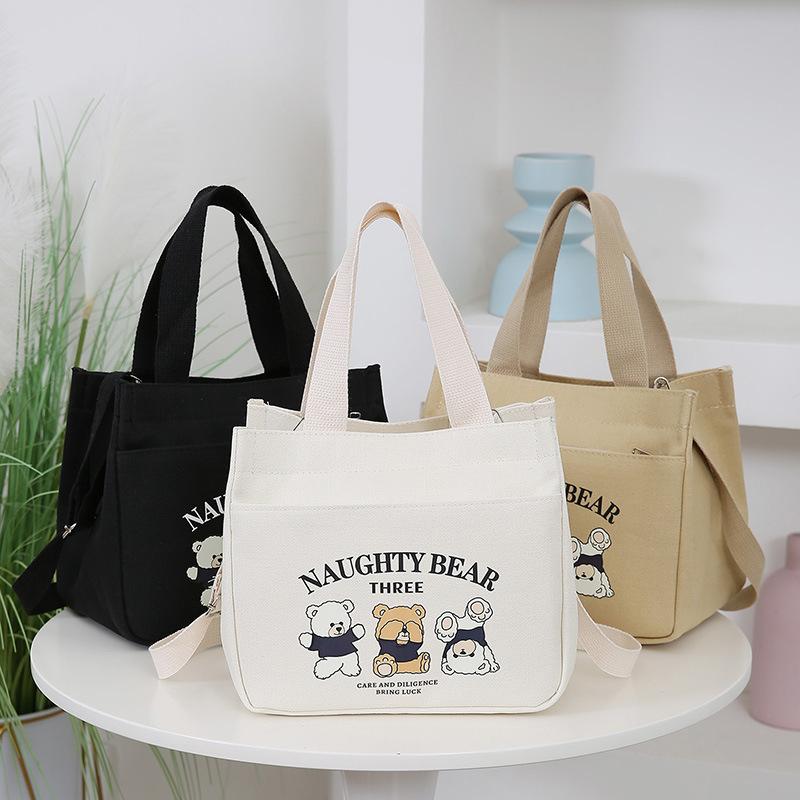 Мультяшная милая сумка-тоут из холста с принтом медвежонка, сумка для продуктов с регулируемым плечевым ремнем, ручная сумка для ланча, холщовая сумка, сумка для бенто