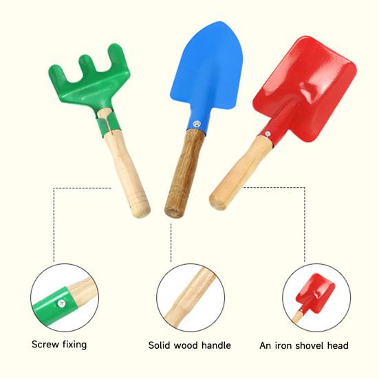 3Pcs/Set Kids Beach Sand Toy Wooden Handle Iron Shovel Rake Spade Toddlers Outdoor Summer Beach Digging Gardening Tools