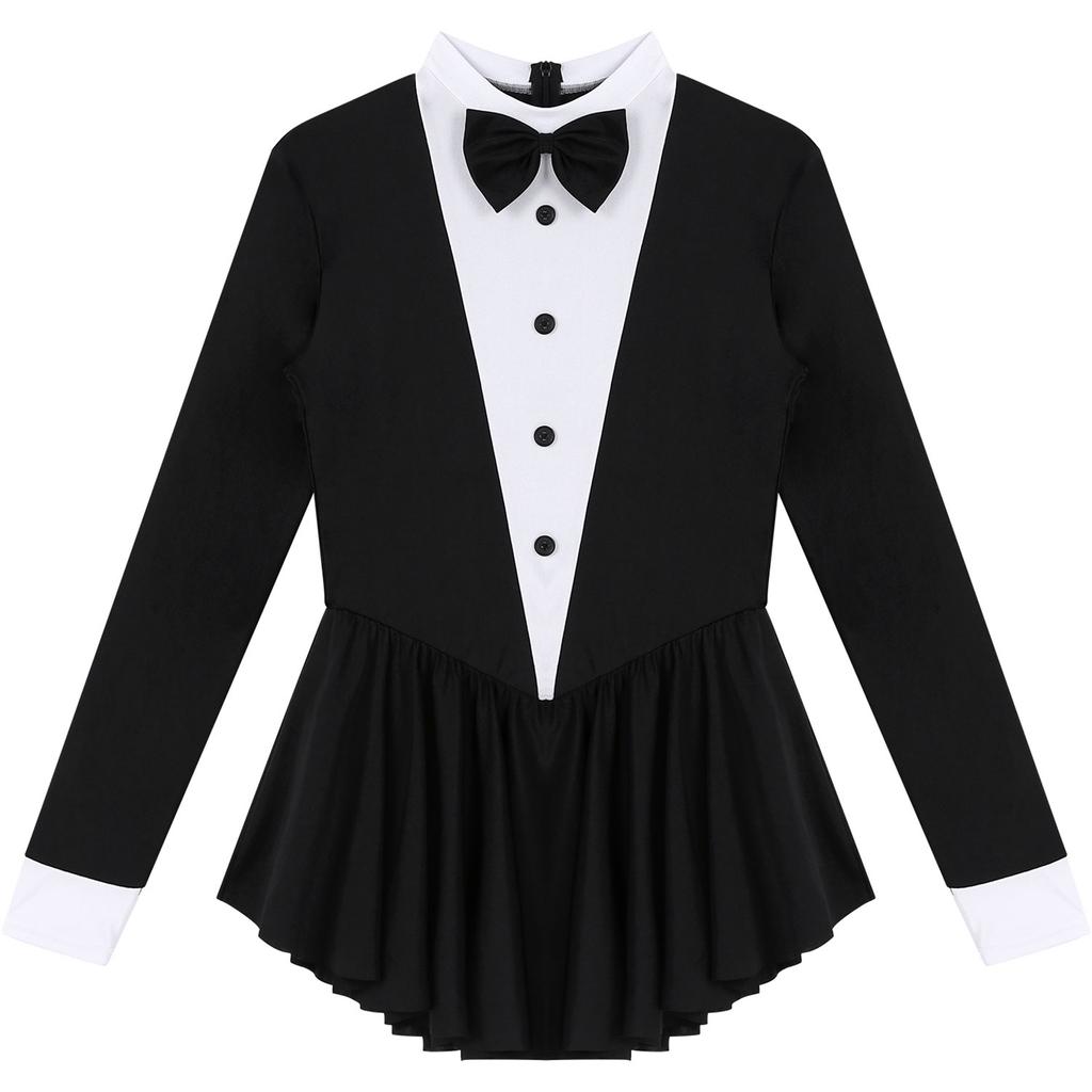 Women's Party Hostess Costume S-XXL: Stylish Contrast Tuxedo Dress Featuring Bow Buttons and Long Sleeve Ruffle Cuffs
