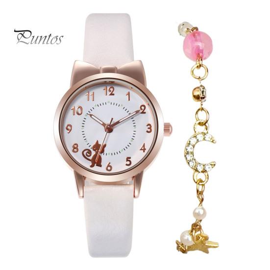 1 комплект, женские часы, браслет со звездой и луной, мультяшный кот, бант, круглый ремешок из искусственной кожи, точные кварцевые наручные часы для девочек и студентов, модные украшения на день рождения