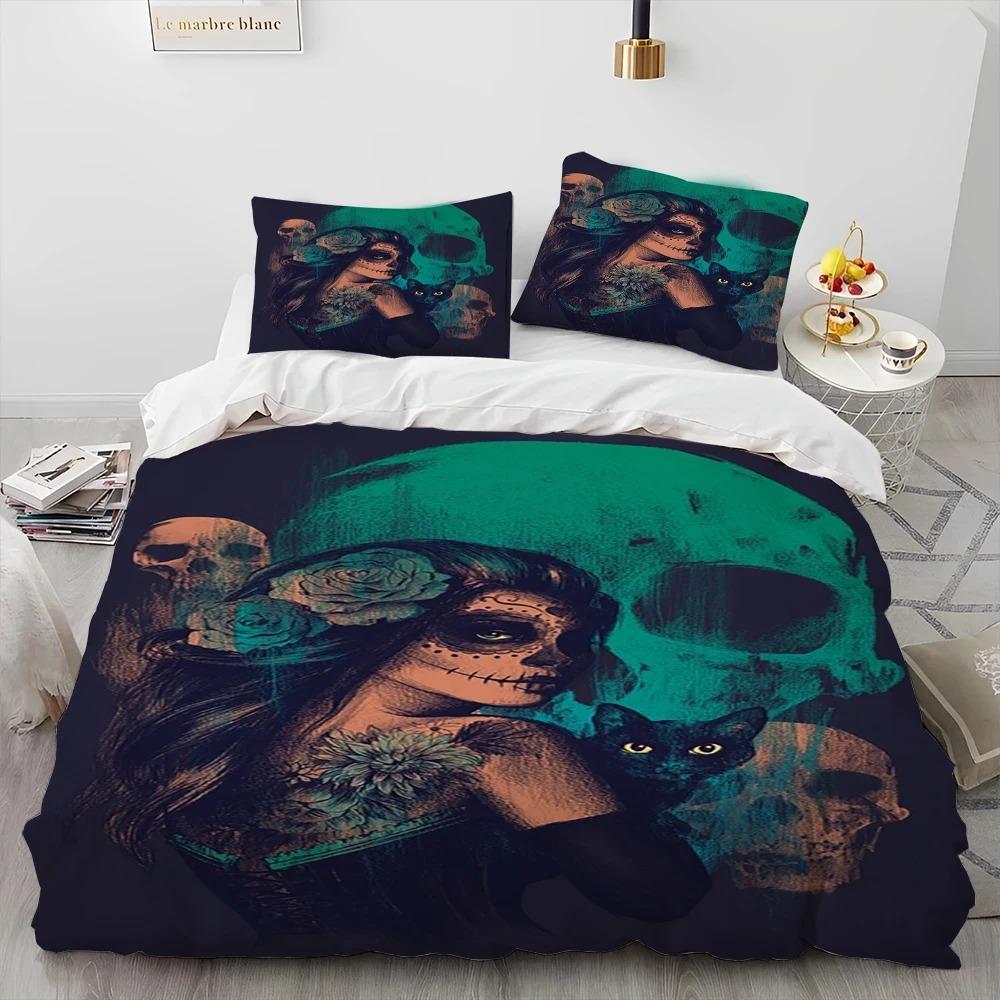 3D Horror Gothic Female Skull Dead Girl Comforter Bedding Set,Duvet Cover Bed Set Quilt Cover Pillowcase,Queen Size Bedding Set